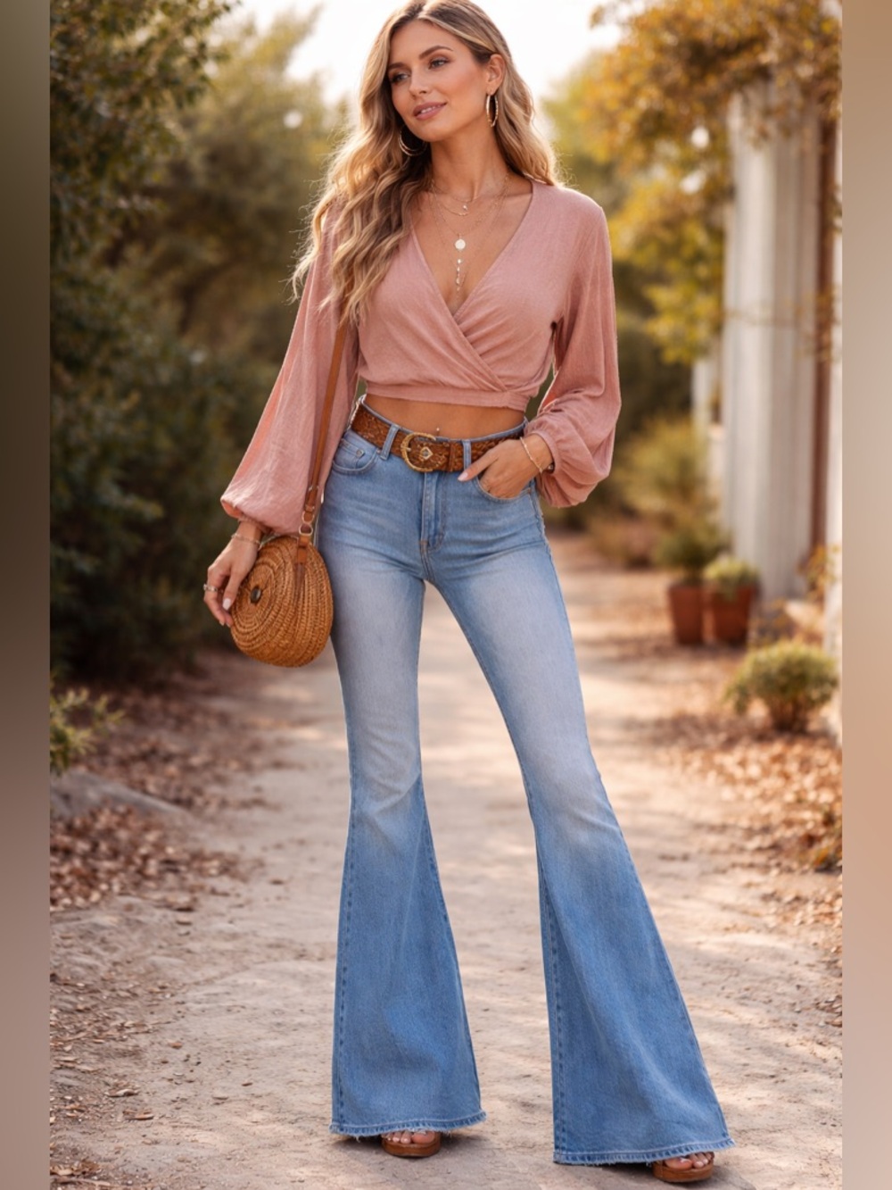 ASOS Design Cropped Wrap-Front Long Sleeve Blush Taupe Top Size 2  Coquette Boho